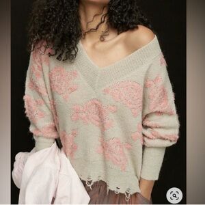 Floral Knit V-Neck Sweater by Anthropologie